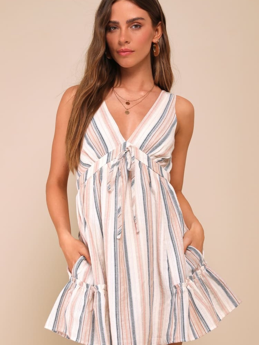 NWT Lulus Precious Destiny Cream Multi Striped Mini Dress With Pockets